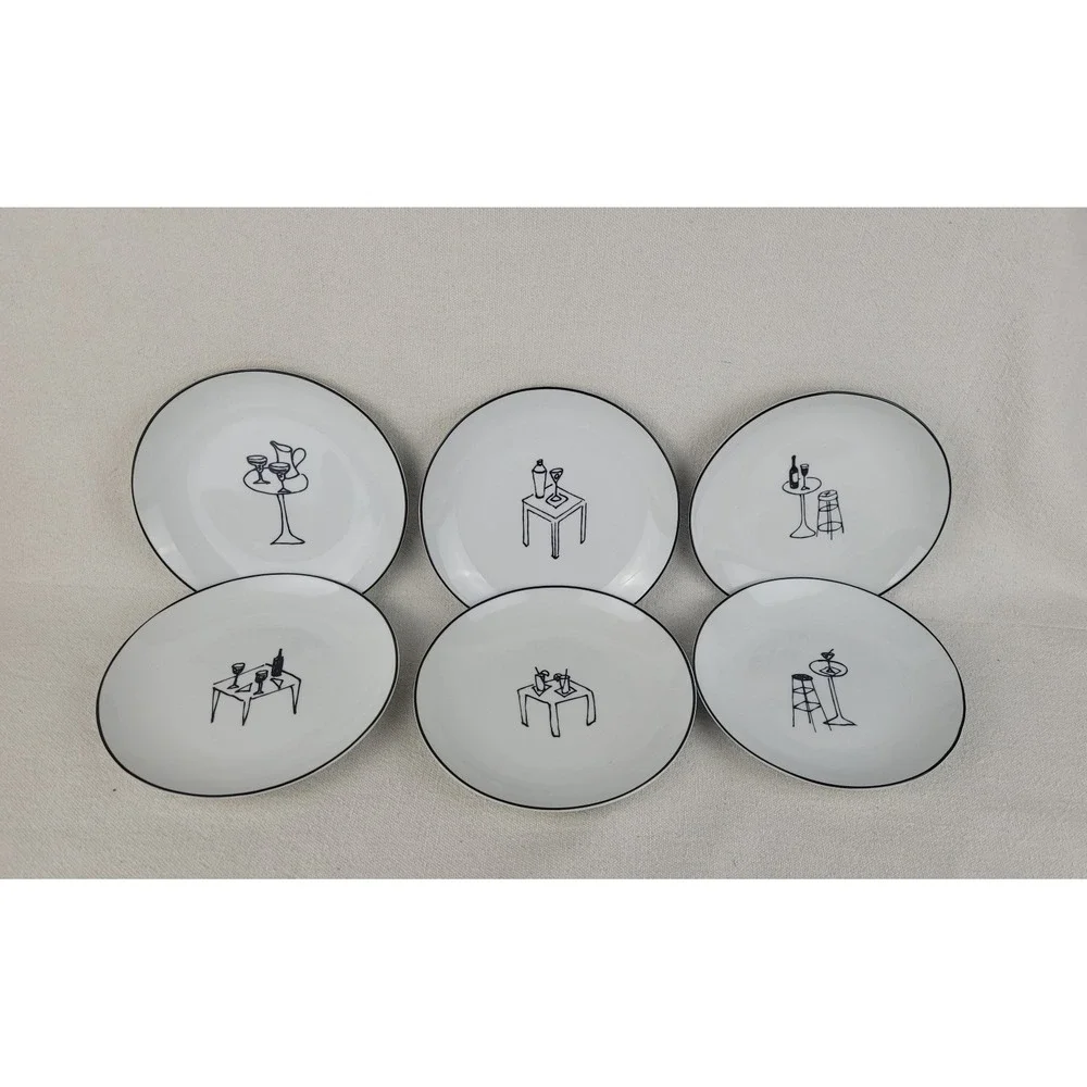 Crate & Barrel Ceramic Party Plates Appetizer Whimsical Lounge Scenes Set of 6